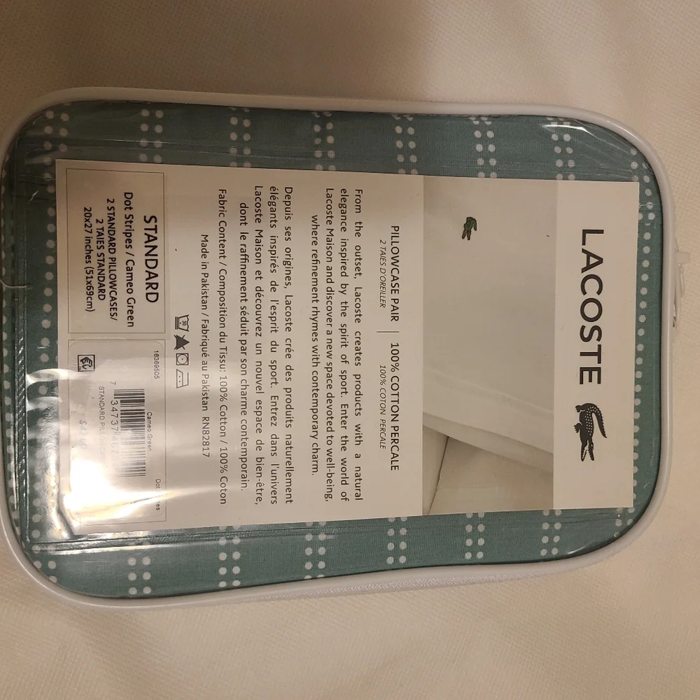 Lacoste Dot Stripes Cotton Percale Pair of Standard Pillowcase in Cameo Green